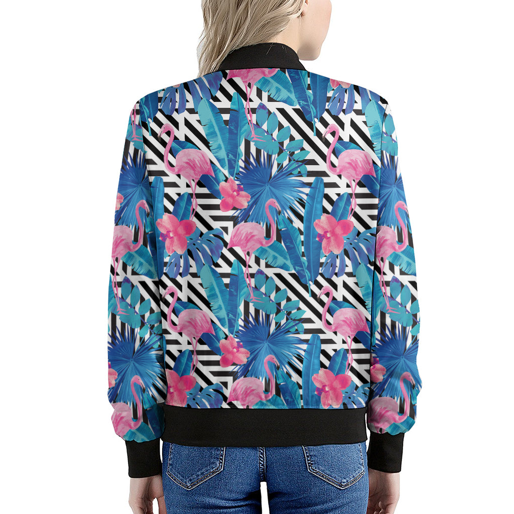 Blue Tropical And Pink Flamingo Print Women's Bomber Jacket