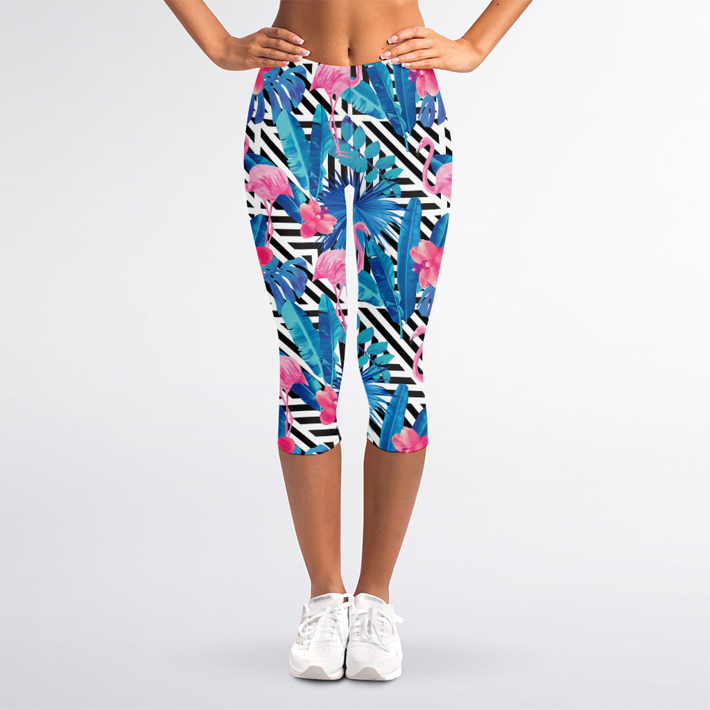 Blue Tropical And Pink Flamingo Print Women's Capri Leggings