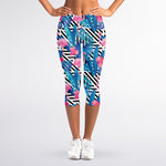 Blue Tropical And Pink Flamingo Print Women's Capri Leggings