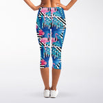 Blue Tropical And Pink Flamingo Print Women's Capri Leggings