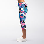 Blue Tropical And Pink Flamingo Print Women's Capri Leggings