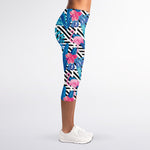 Blue Tropical And Pink Flamingo Print Women's Capri Leggings