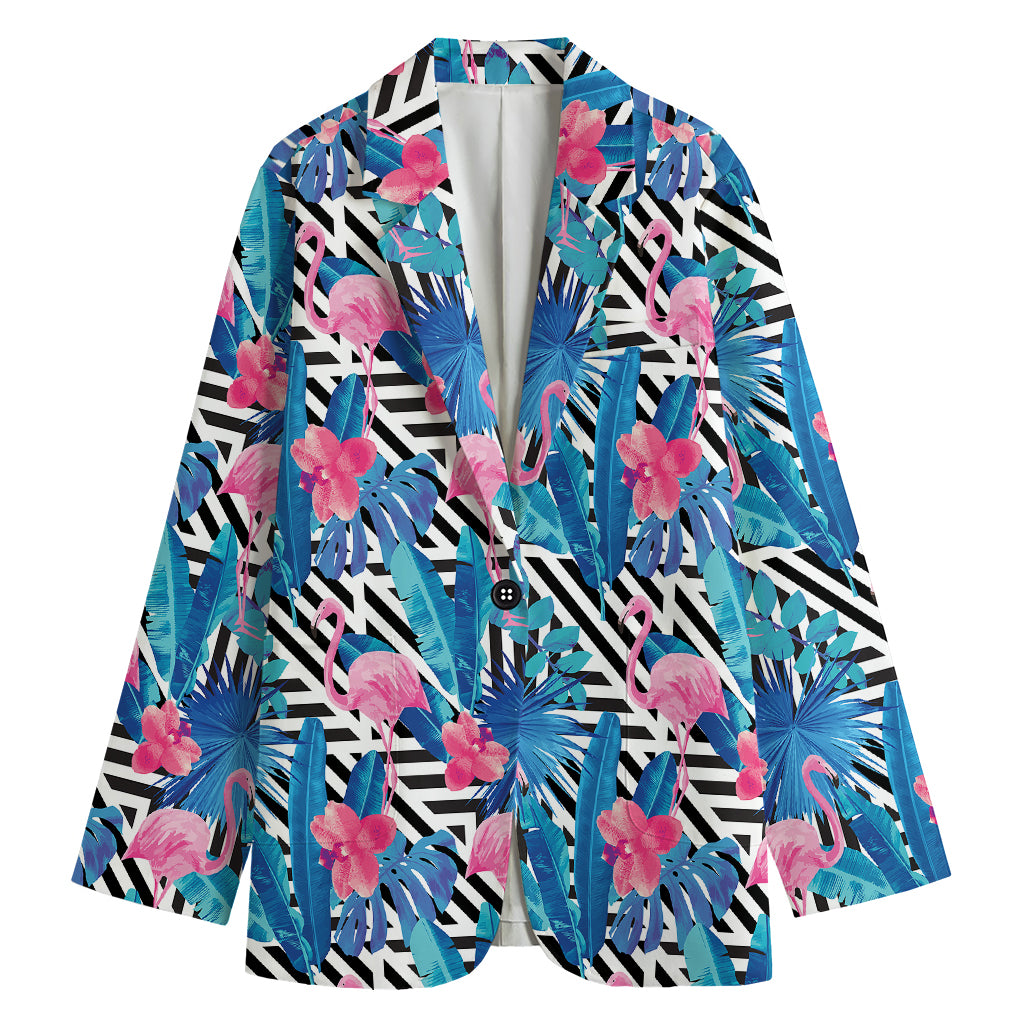 Blue Tropical And Pink Flamingo Print Women's Cotton Blazer