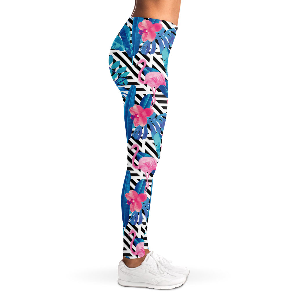 Blue Tropical And Pink Flamingo Print Women's Leggings