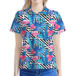 Blue Tropical And Pink Flamingo Print Women's Polo Shirt