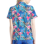 Blue Tropical And Pink Flamingo Print Women's Polo Shirt