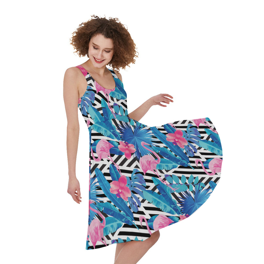 Blue Tropical And Pink Flamingo Print Women's Sleeveless Dress