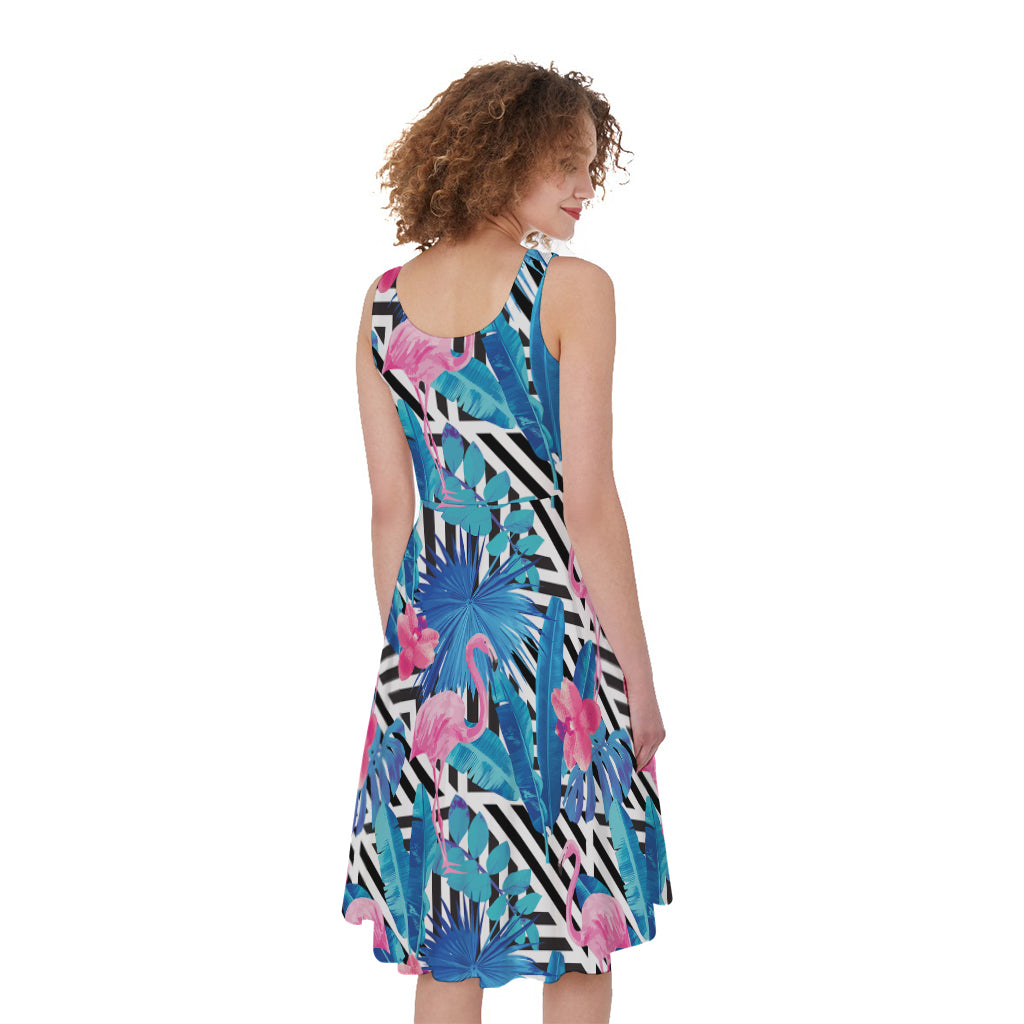 Blue Tropical And Pink Flamingo Print Women's Sleeveless Dress