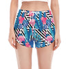 Blue Tropical And Pink Flamingo Print Women's Split Running Shorts