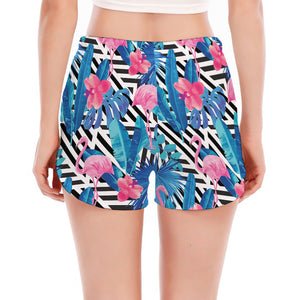 Blue Tropical And Pink Flamingo Print Women's Split Running Shorts