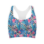 Blue Tropical And Pink Flamingo Print Women's Sports Bra