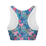 Blue Tropical And Pink Flamingo Print Women's Sports Bra