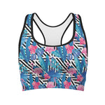 Blue Tropical And Pink Flamingo Print Women's Sports Bra
