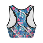 Blue Tropical And Pink Flamingo Print Women's Sports Bra