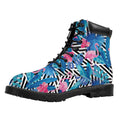 Blue Tropical And Pink Flamingo Print Padded Collar Lace Up Boots