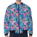 Blue Tropical And Pink Flamingo Print Zip Sleeve Bomber Jacket