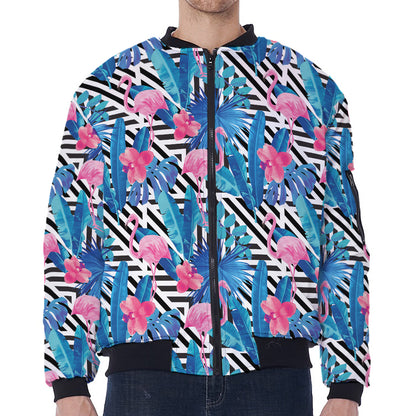 Blue Tropical And Pink Flamingo Print Zip Sleeve Bomber Jacket