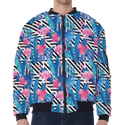 Blue Tropical And Pink Flamingo Print Zip Sleeve Bomber Jacket