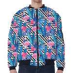 Blue Tropical And Pink Flamingo Print Zip Sleeve Bomber Jacket