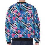Blue Tropical And Pink Flamingo Print Zip Sleeve Bomber Jacket