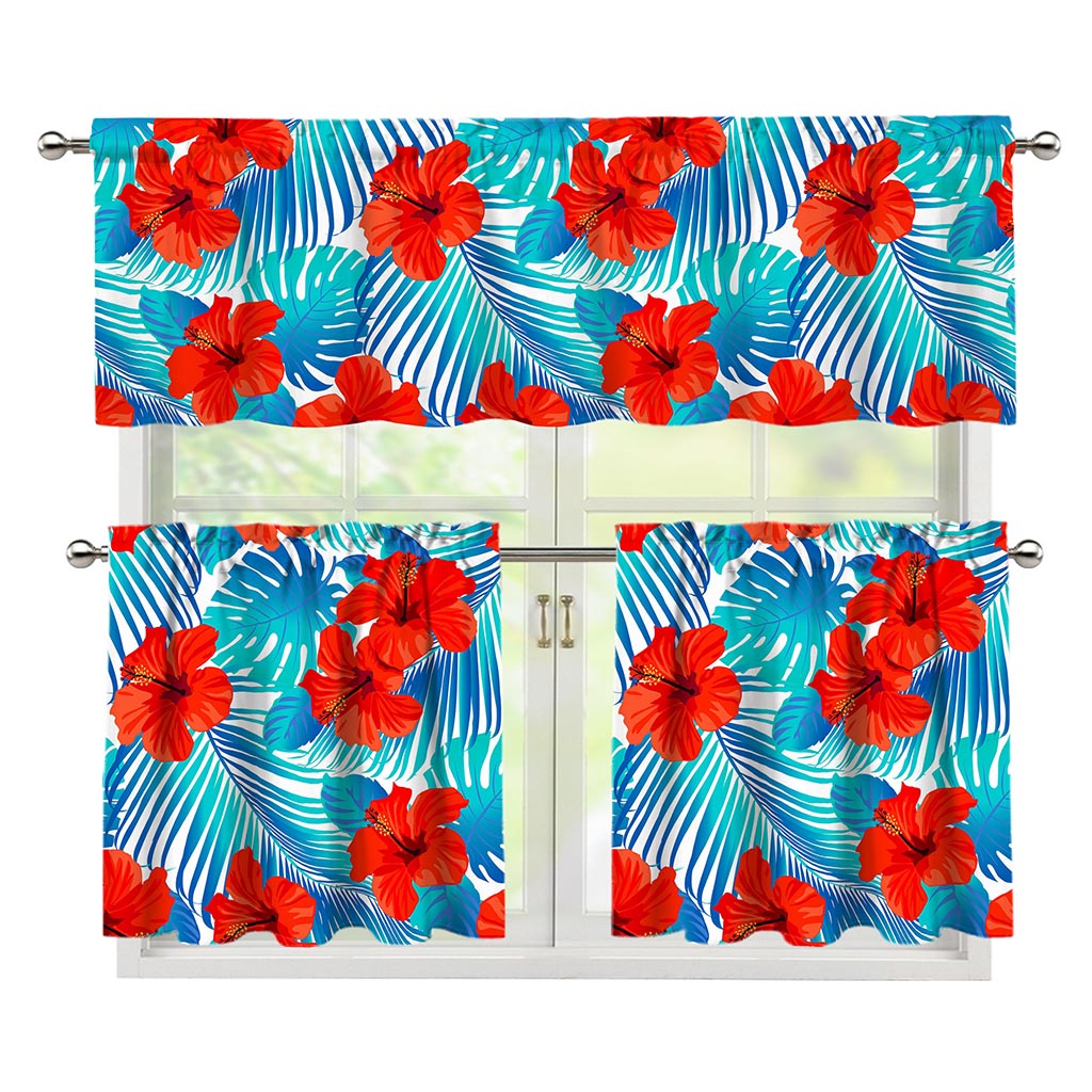 Blue Tropical Hibiscus Pattern Print 3 Piece Kitchen Curtains