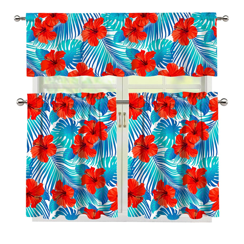 Blue Tropical Hibiscus Pattern Print 3 Piece Kitchen Curtains