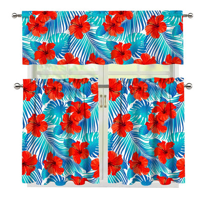 Blue Tropical Hibiscus Pattern Print 3 Piece Kitchen Curtains