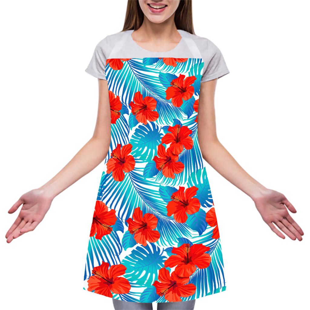 Blue Tropical Hibiscus Pattern Print Adjustable Apron