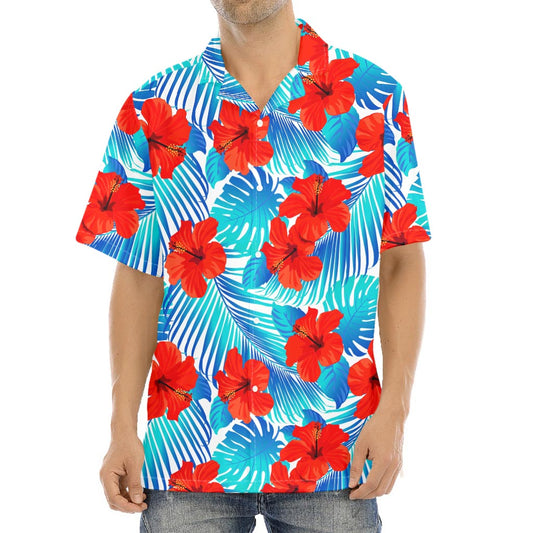 Blue Tropical Hibiscus Pattern Print Aloha Shirt