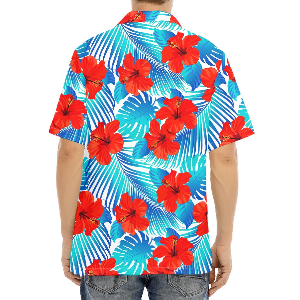 Blue Tropical Hibiscus Pattern Print Aloha Shirt