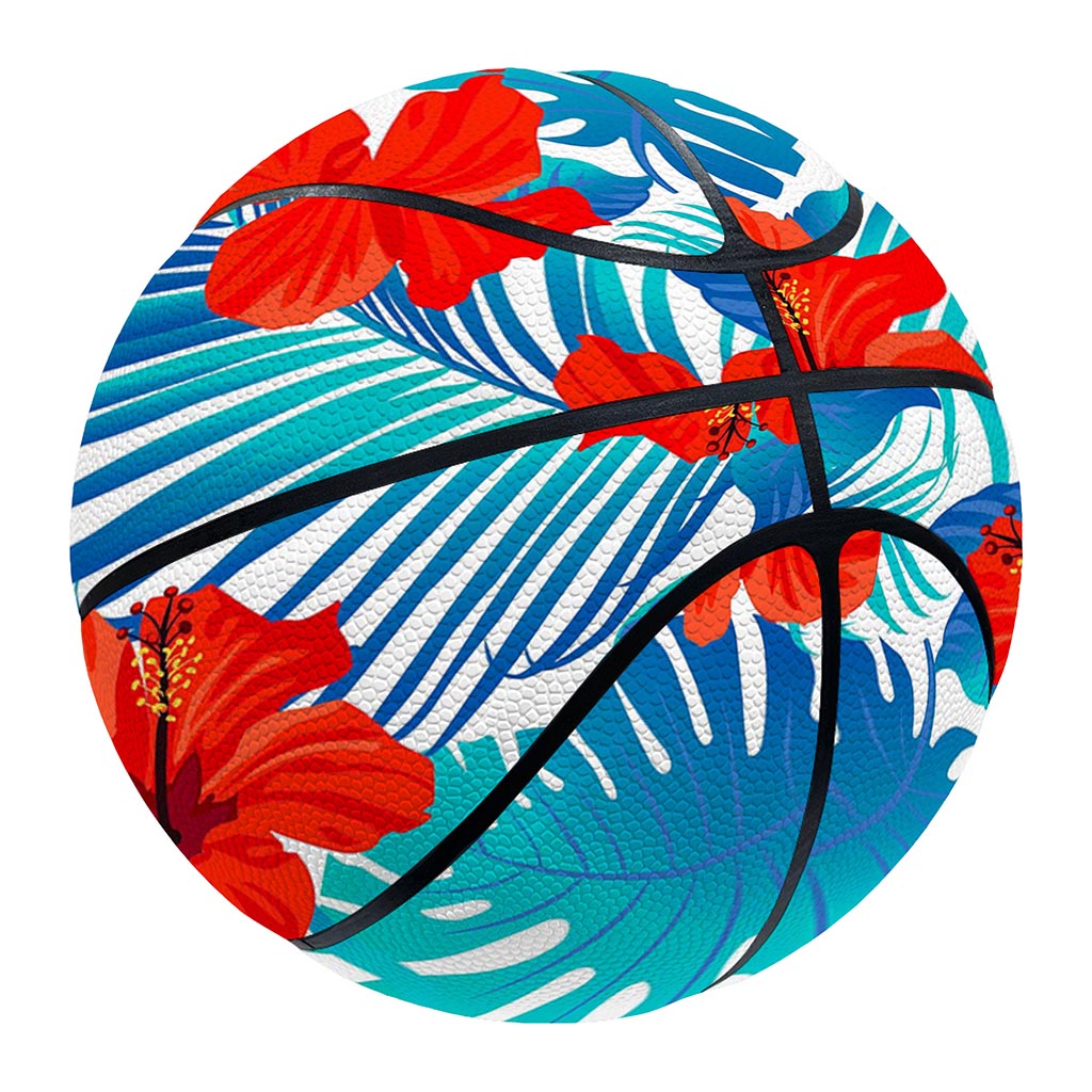 Blue Tropical Hibiscus Pattern Print Basketball