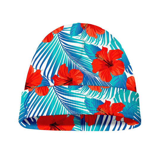 Blue Tropical Hibiscus Pattern Print Beanie