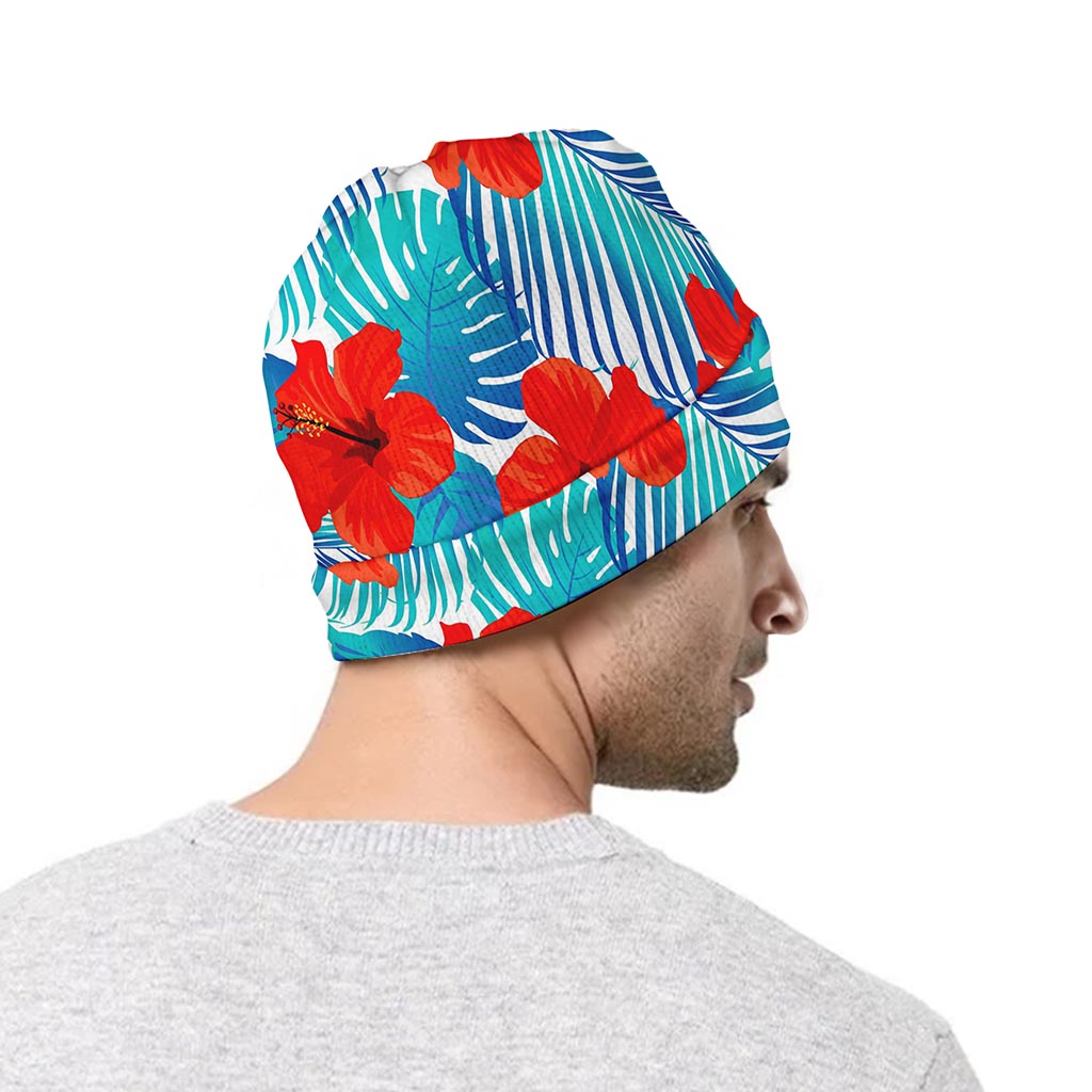 Blue Tropical Hibiscus Pattern Print Beanie