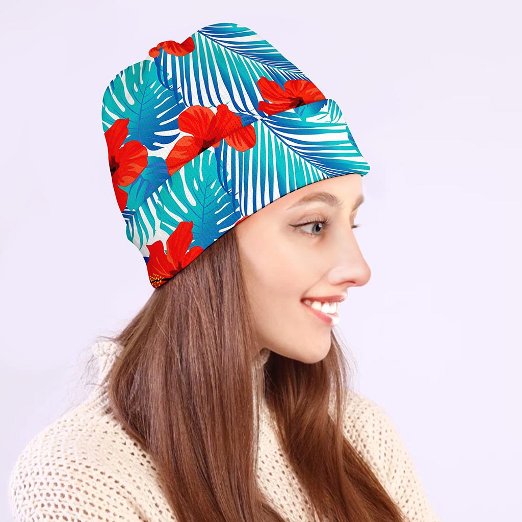 Blue Tropical Hibiscus Pattern Print Beanie