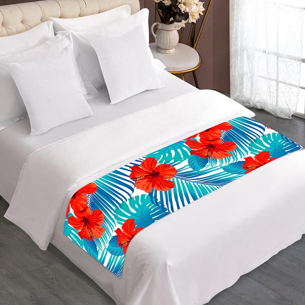 Blue Tropical Hibiscus Pattern Print Bed Runner