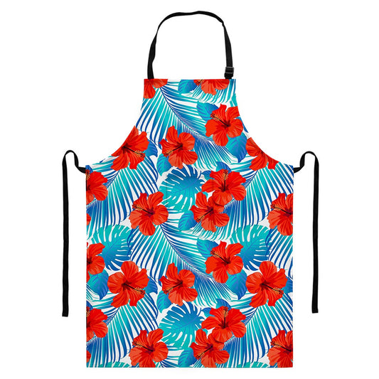 Blue Tropical Hibiscus Pattern Print Bib Apron With Pocket