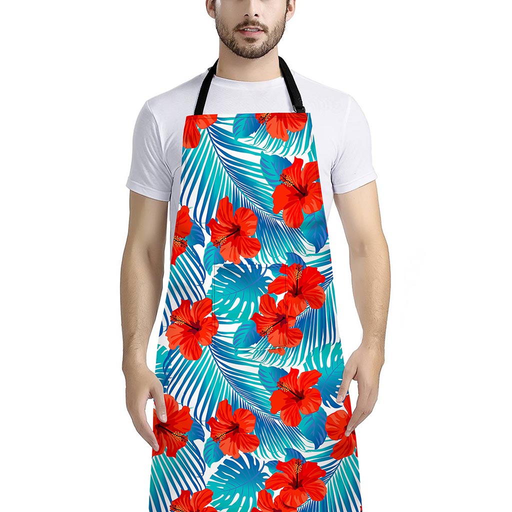 Blue Tropical Hibiscus Pattern Print Bib Apron With Pocket