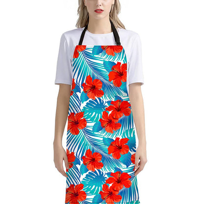 Blue Tropical Hibiscus Pattern Print Bib Apron With Pocket