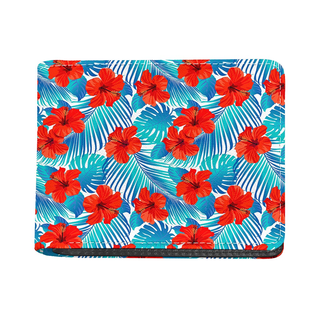 Blue Tropical Hibiscus Pattern Print Bifold Wallet