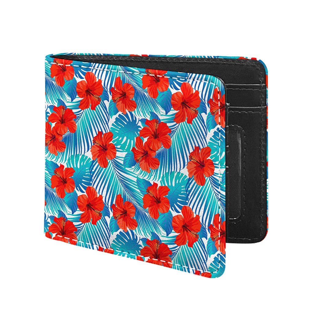 Blue Tropical Hibiscus Pattern Print Bifold Wallet