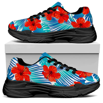 Blue Tropical Hibiscus Pattern Print Black Chunky Shoes
