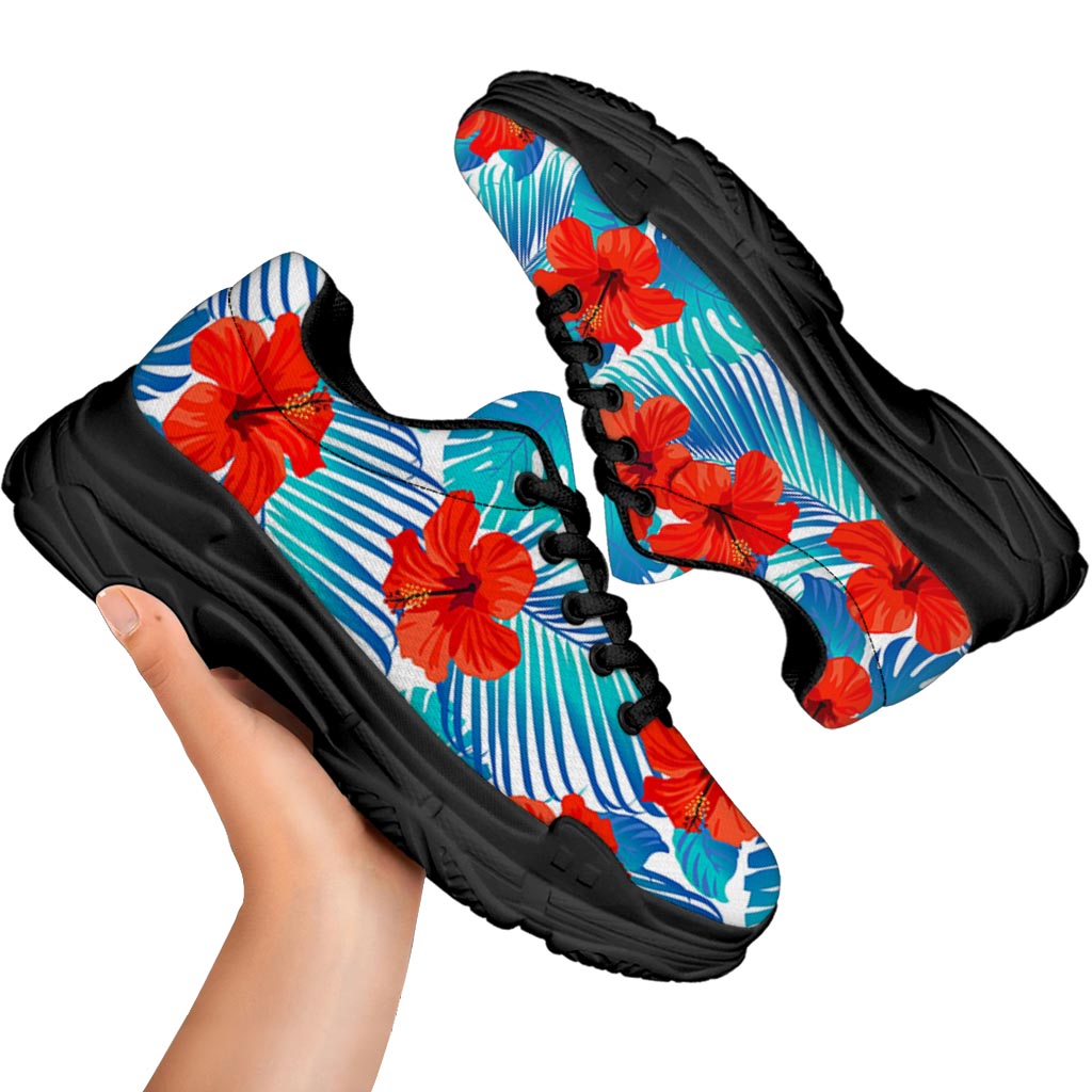 Blue Tropical Hibiscus Pattern Print Black Chunky Shoes