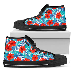 Blue Tropical Hibiscus Pattern Print Black High Top Sneakers