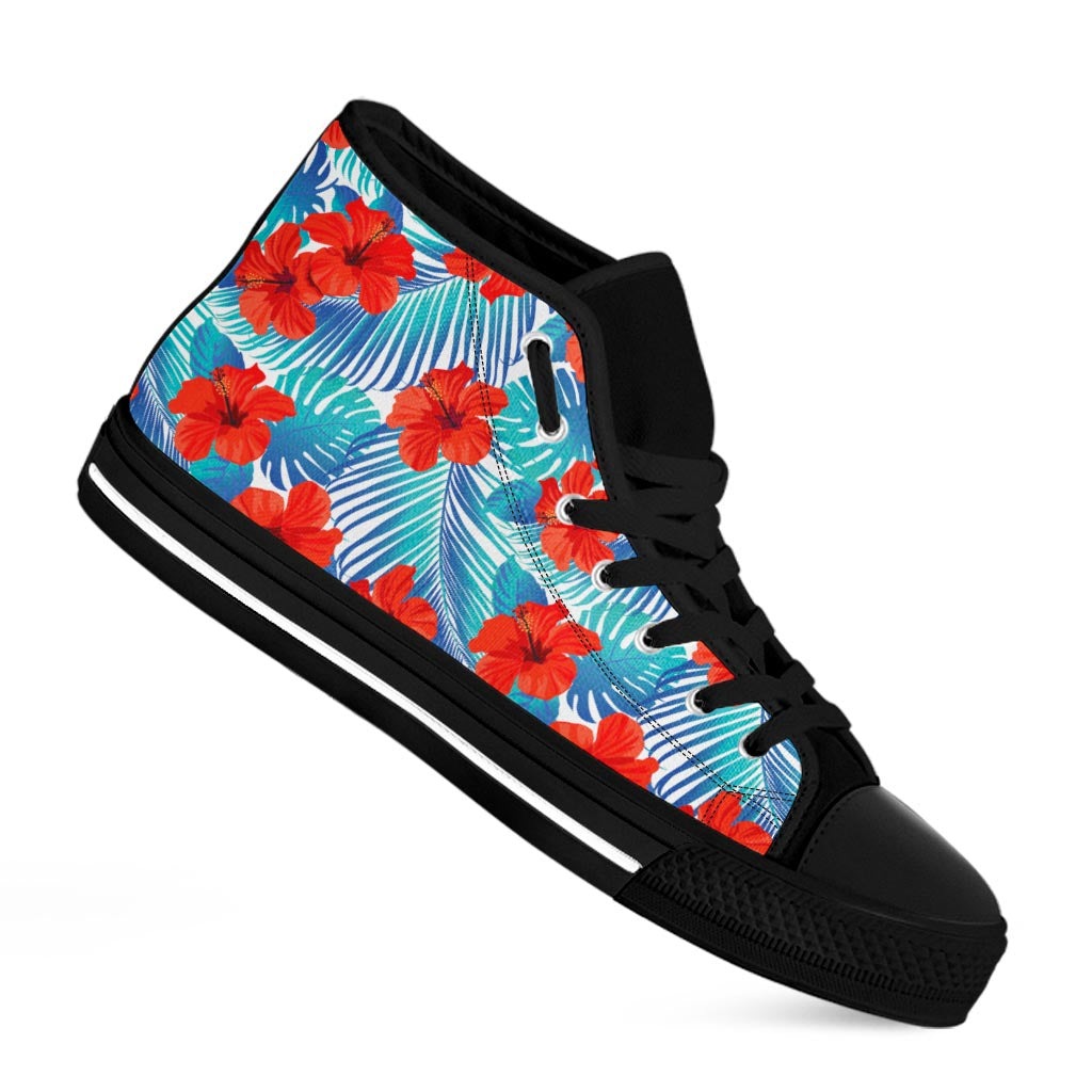 Blue Tropical Hibiscus Pattern Print Black High Top Sneakers