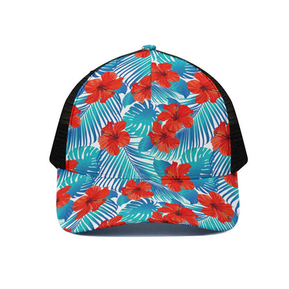 Blue Tropical Hibiscus Pattern Print Black Mesh Trucker Cap