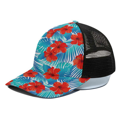 Blue Tropical Hibiscus Pattern Print Black Mesh Trucker Cap