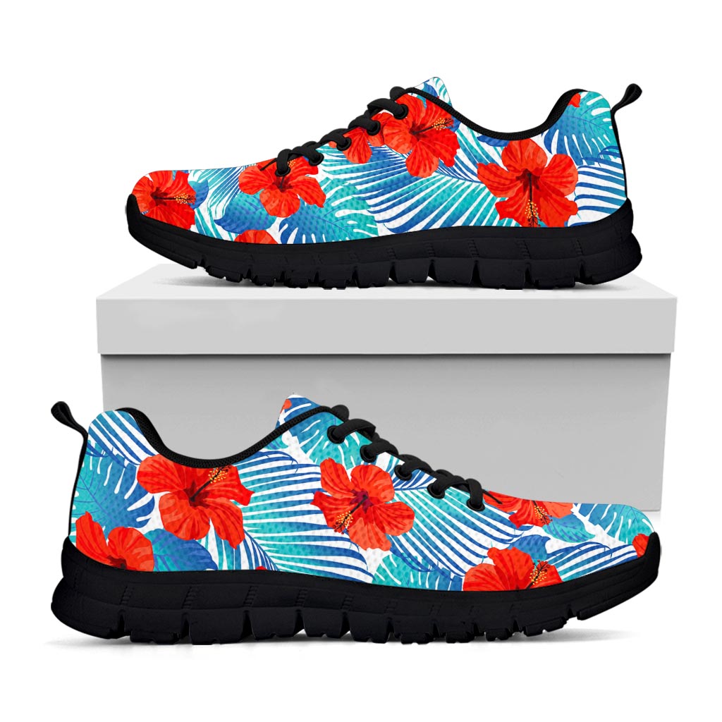 Blue Tropical Hibiscus Pattern Print Black Running Shoes