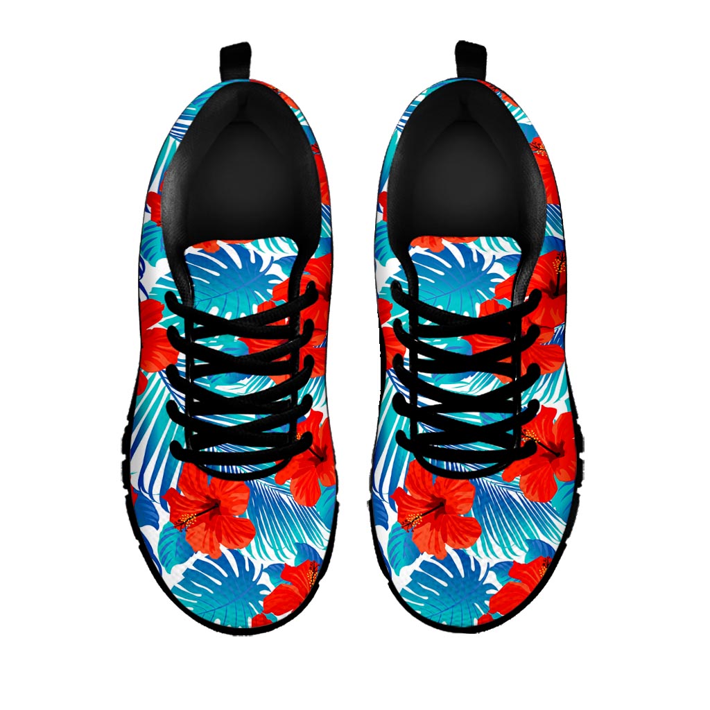 Blue Tropical Hibiscus Pattern Print Black Running Shoes