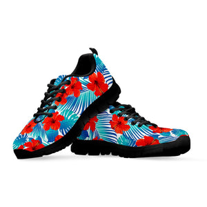 Blue Tropical Hibiscus Pattern Print Black Running Shoes