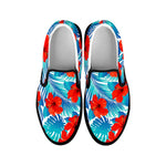 Blue Tropical Hibiscus Pattern Print Black Slip On Sneakers